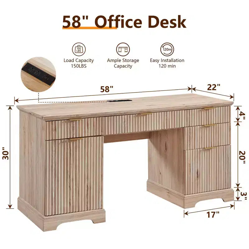 58 Desk,Modern Grooved Computer Writing Desk,w/ 5 Drawers and 1 Adjustable Storage Cabinet,Desk for Study and Bedroom