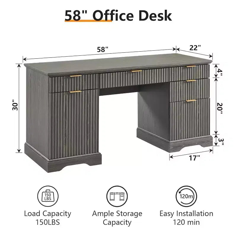 58 Desk,Modern Grooved Computer Writing Desk,w/ 5 Drawers and 1 Adjustable Storage Cabinet,Desk for Study and Bedroom