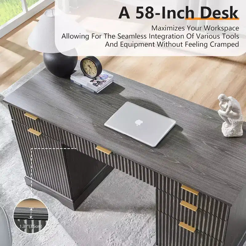 58 Desk,Modern Grooved Computer Writing Desk,w/ 5 Drawers and 1 Adjustable Storage Cabinet,Desk for Study and Bedroom