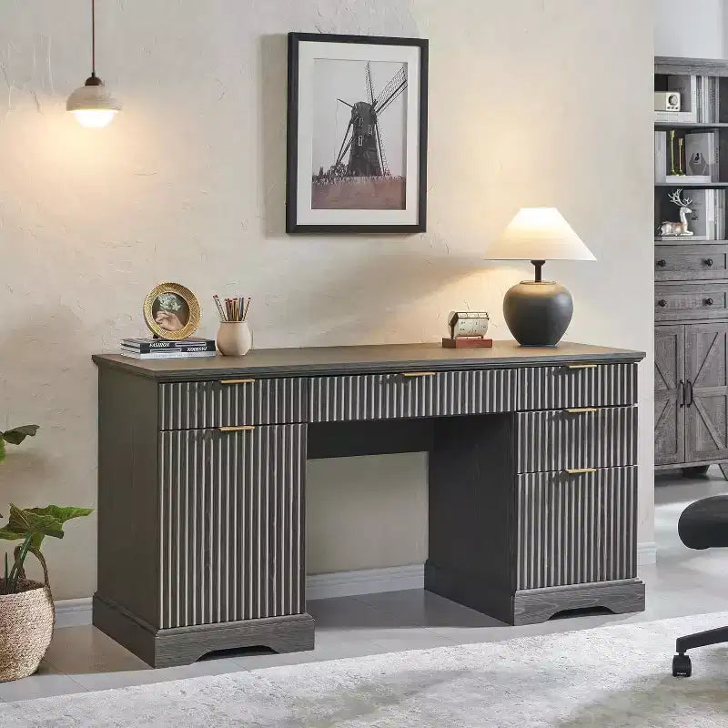 58 Desk,Modern Grooved Computer Writing Desk,w/ 5 Drawers and 1 Adjustable Storage Cabinet,Desk for Study and Bedroom