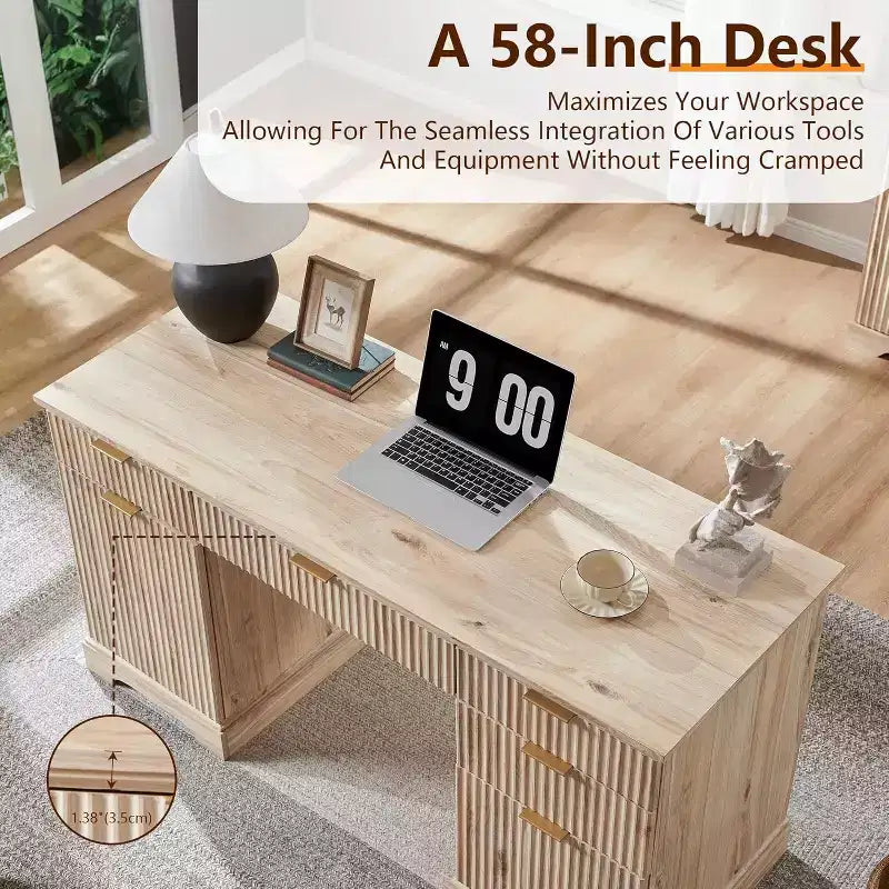 58 Desk,Modern Grooved Computer Writing Desk,w/ 5 Drawers and 1 Adjustable Storage Cabinet,Desk for Study and Bedroom