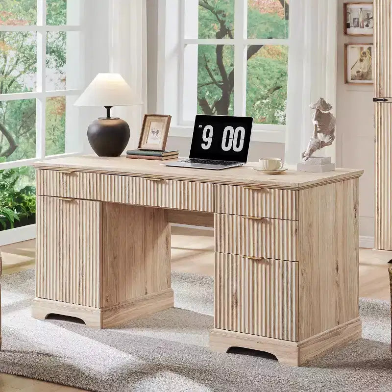58 Desk,Modern Grooved Computer Writing Desk,w/ 5 Drawers and 1 Adjustable Storage Cabinet,Desk for Study and Bedroom
