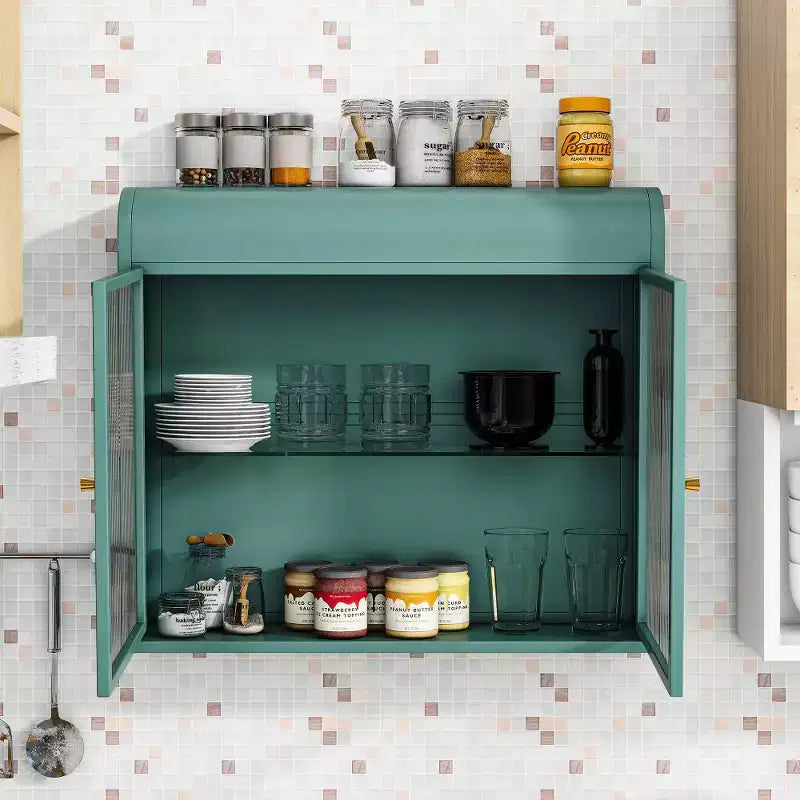 Army Green 2-Door Wall-Mounted Metal Cabinet  Tempered Glass Shelves | Multi-Room | Bath, Kitchen, Office