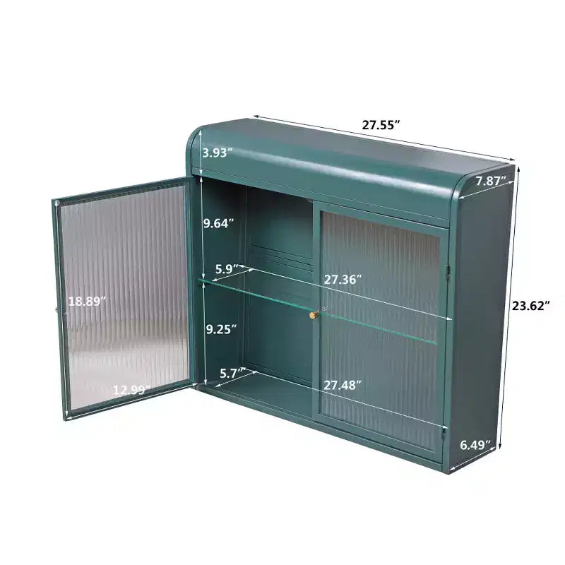 Army Green 2-Door Wall-Mounted Metal Cabinet  Tempered Glass Shelves | Multi-Room | Bath, Kitchen, Office
