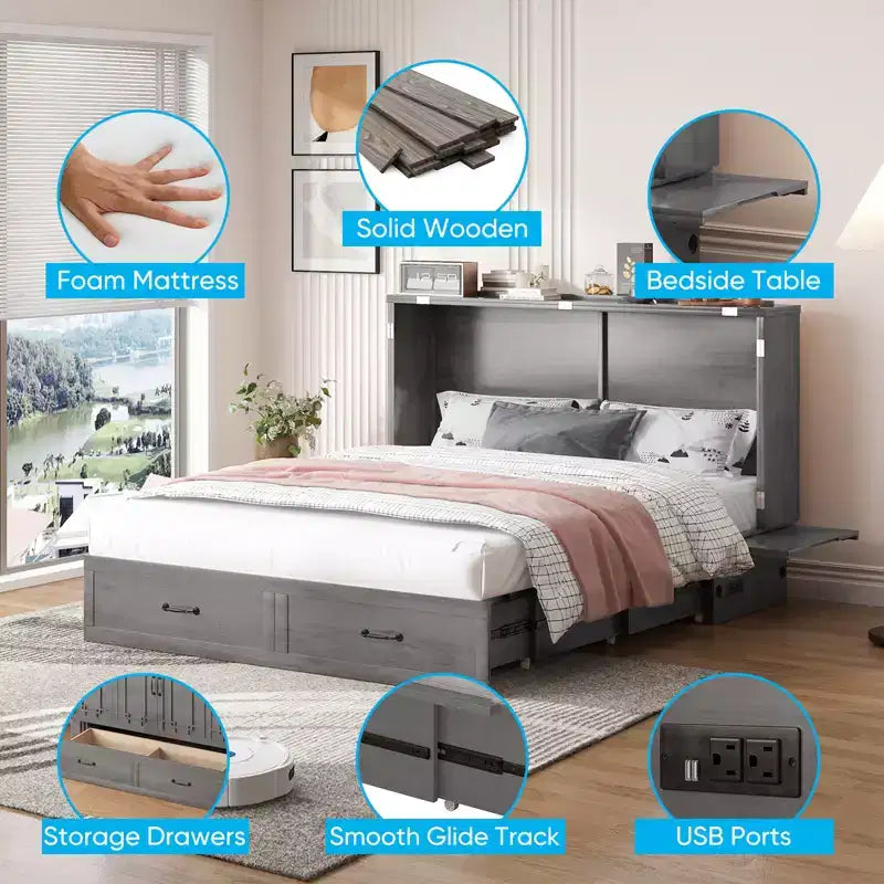 Queen Murphy Bed with Mattress,Foldable Space-Saving Cube Cabinet Bed