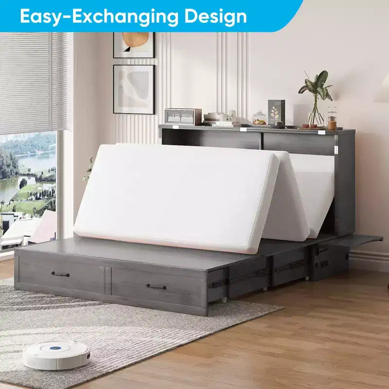 Queen Murphy Bed with Mattress,Foldable Space-Saving Cube Cabinet Bed