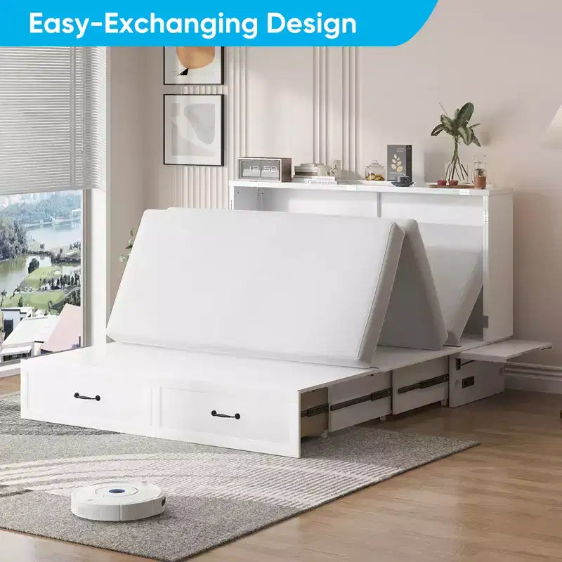 Queen Murphy Bed with Mattress,Foldable Space-Saving Cube Cabinet Bed