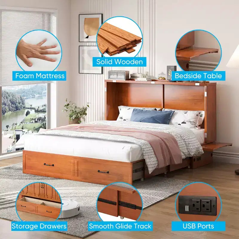 Queen Murphy Bed with Mattress,Foldable Space-Saving Cube Cabinet Bed