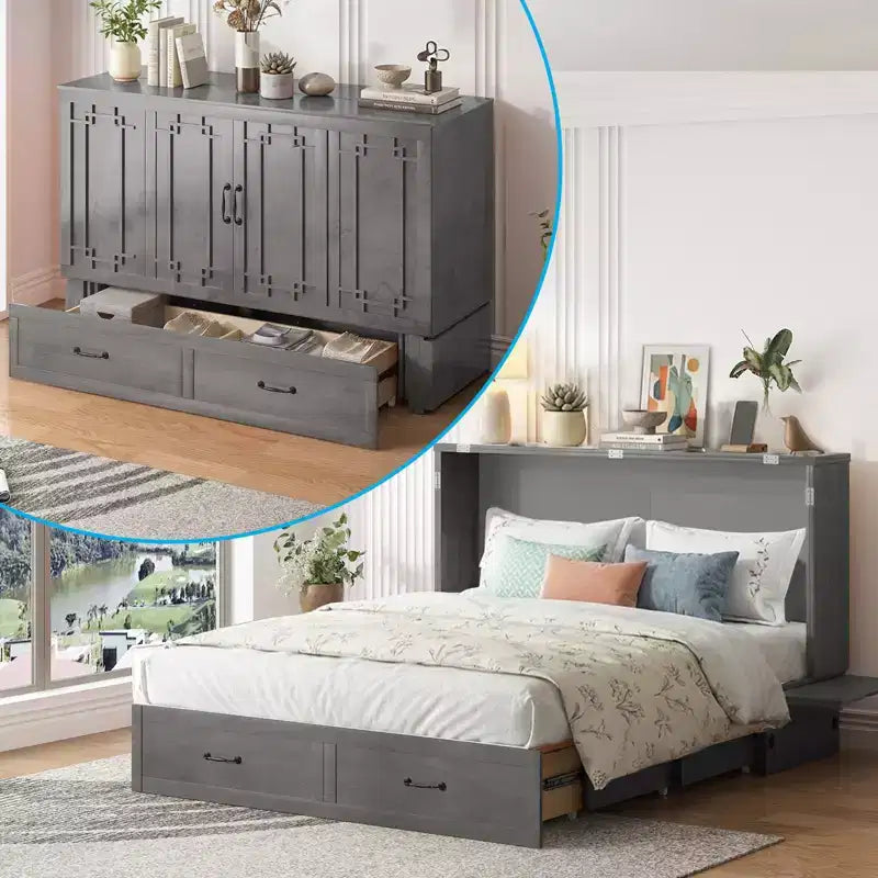 Queen Murphy Bed with Mattress,Foldable Space-Saving Cube Cabinet Bed