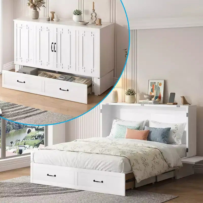 Queen Murphy Bed with Mattress,Foldable Space-Saving Cube Cabinet Bed