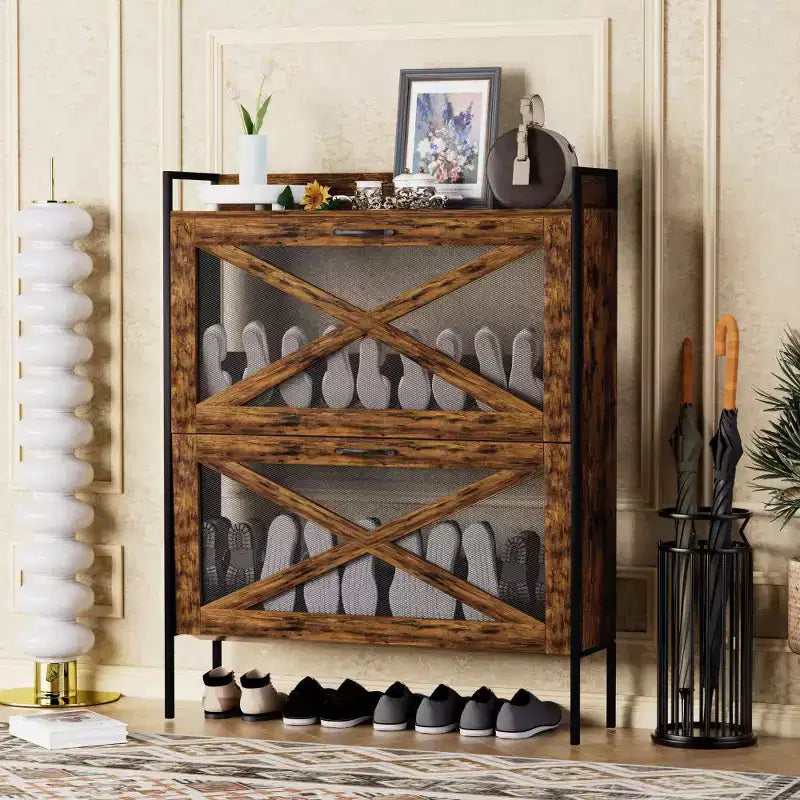 Style with Chic Crate-2-Drawer Flip-Top Shoe Cabinet Étroit | Entrée | Pieds en métal | Marron rustique | 31,5inx8,5inx39,5in