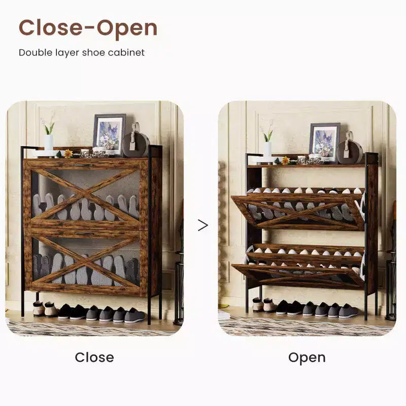 Chic Crate-2-Drawer Flip-Top Shoe Cabinet  Narrow | Entryway | Metal Legs | Rustic Brown | 31.5inx8.5inx39.5in