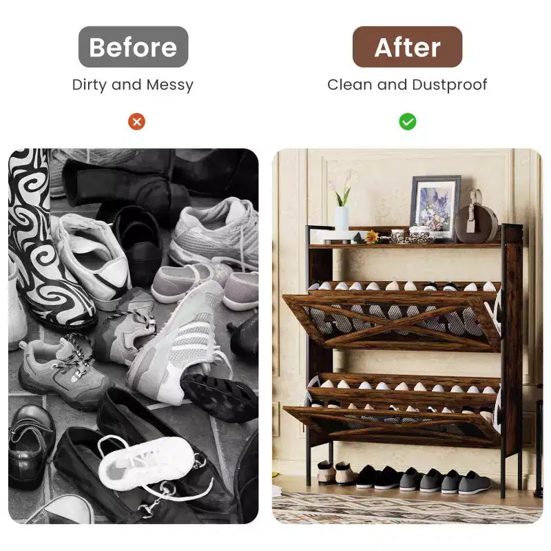 Chic Crate-2-Drawer Flip-Top Shoe Cabinet  Narrow | Entryway | Metal Legs | Rustic Brown | 31.5inx8.5inx39.5in