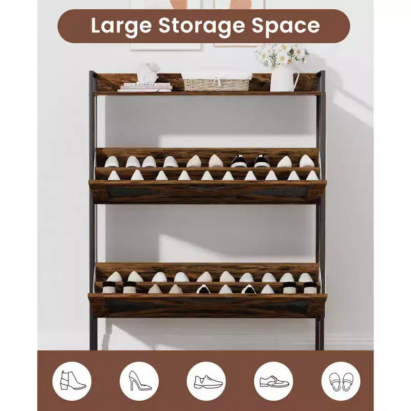 Chic Crate-2-Drawer Flip-Top Shoe Cabinet  Narrow | Entryway | Metal Legs | Rustic Brown | 31.5inx8.5inx39.5in