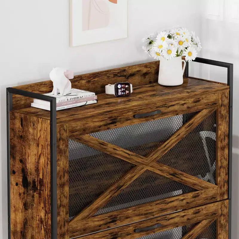 Chic Crate-2-Drawer Flip-Top Shoe Cabinet  Narrow | Entryway | Metal Legs | Rustic Brown | 31.5inx8.5inx39.5in