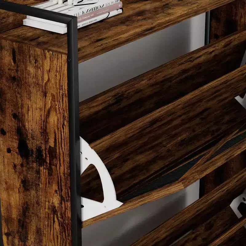 Chic Crate-2-Drawer Flip-Top Shoe Cabinet  Narrow | Entryway | Metal Legs | Rustic Brown | 31.5inx8.5inx39.5in