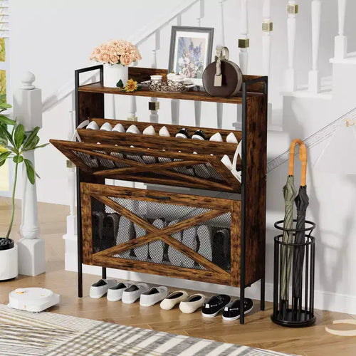 Chic Crate-2-Drawer Flip-Top Shoe Cabinet Étroit | Entrée | Pieds en métal | Marron rustique | 31,5inx8,5inx39,5in