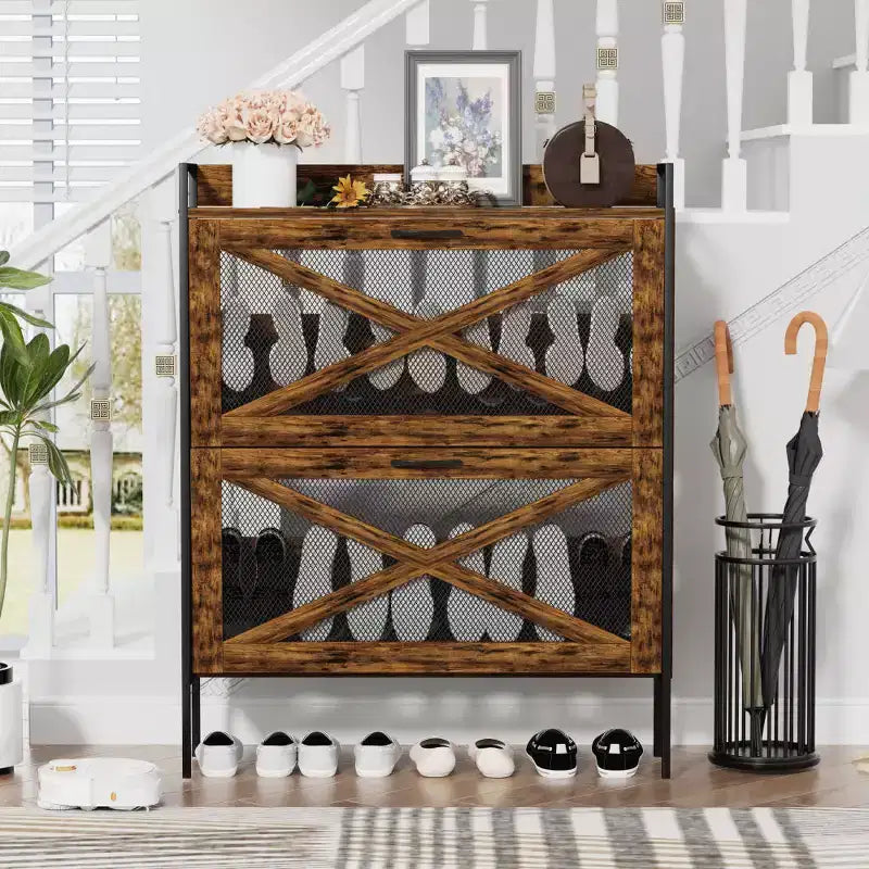 Chic Crate-2-Drawer Flip-Top Shoe Cabinet  Narrow | Entryway | Metal Legs | Rustic Brown | 31.5inx8.5inx39.5in