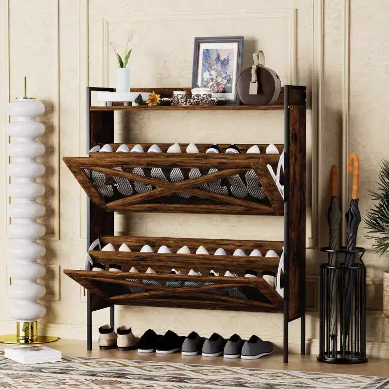Chic Crate-2-Drawer Flip-Top Shoe Cabinet  Narrow | Entryway | Metal Legs | Rustic Brown | 31.5inx8.5inx39.5in