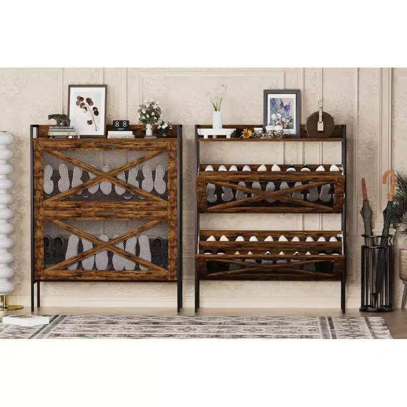 Chic Crate-2-Drawer Flip-Top Shoe Cabinet  Narrow | Entryway | Metal Legs | Rustic Brown | 31.5inx8.5inx39.5in