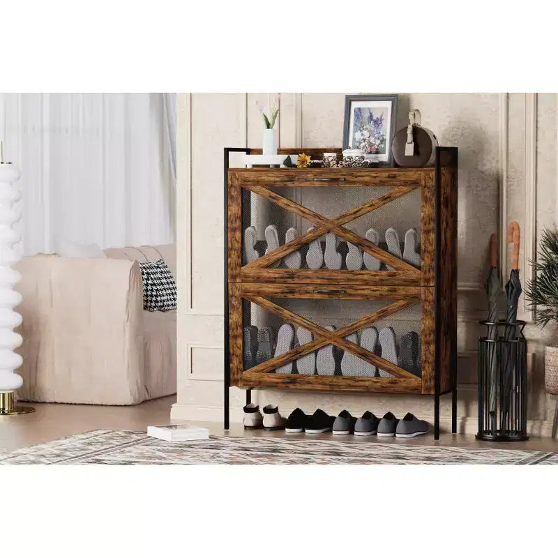 Chic Crate-2-Drawer Flip-Top Shoe Cabinet  Narrow | Entryway | Metal Legs | Rustic Brown | 31.5inx8.5inx39.5in
