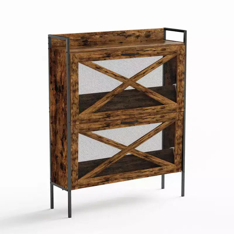 Chic Crate-2-Drawer Flip-Top Shoe Cabinet  Narrow | Entryway | Metal Legs | Rustic Brown | 31.5inx8.5inx39.5in