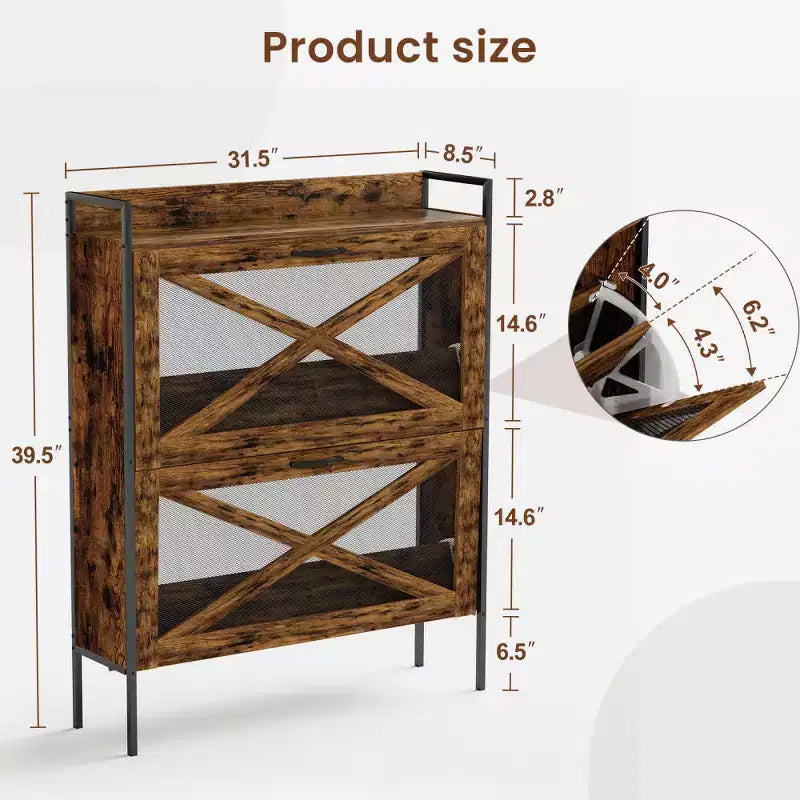 Chic Crate-2-Drawer Flip-Top Shoe Cabinet  Narrow | Entryway | Metal Legs | Rustic Brown | 31.5inx8.5inx39.5in