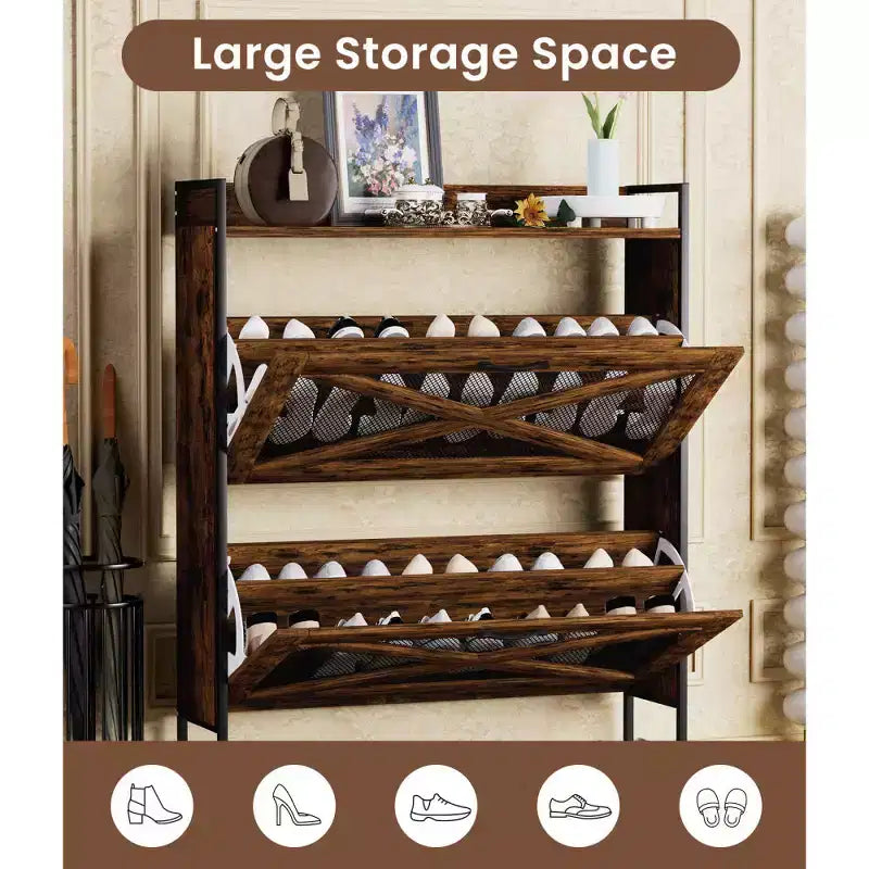 Chic Crate-2-Drawer Flip-Top Shoe Cabinet  Narrow | Entryway | Metal Legs | Rustic Brown | 31.5inx8.5inx39.5in
