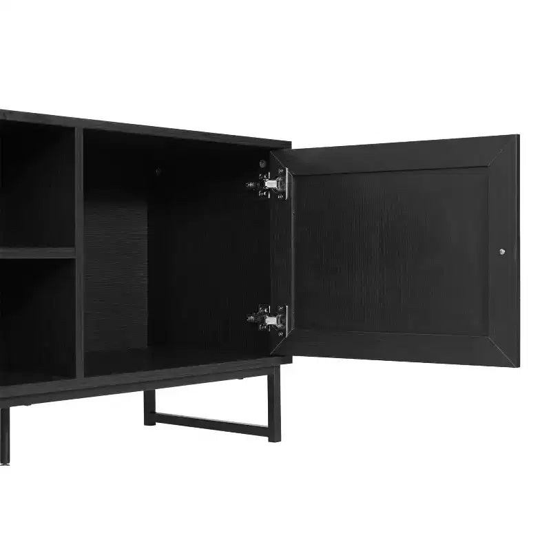 Mid-Century Modern 65 Inch TV Stand with 2 Rattan Soft Close Doors and Fixed Center Shelf, TV Stand for up to 70 TV's
