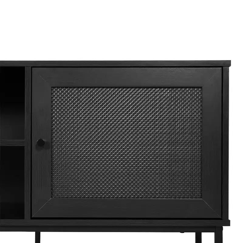 Mid-Century Modern 65 Inch TV Stand with 2 Rattan Soft Close Doors and Fixed Center Shelf, TV Stand for up to 70 TV's