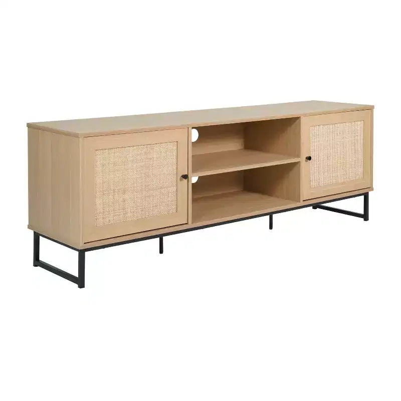Mid-Century Modern 65 Inch TV Stand with 2 Rattan Soft Close Doors and Fixed Center Shelf, TV Stand for up to 70 TV's