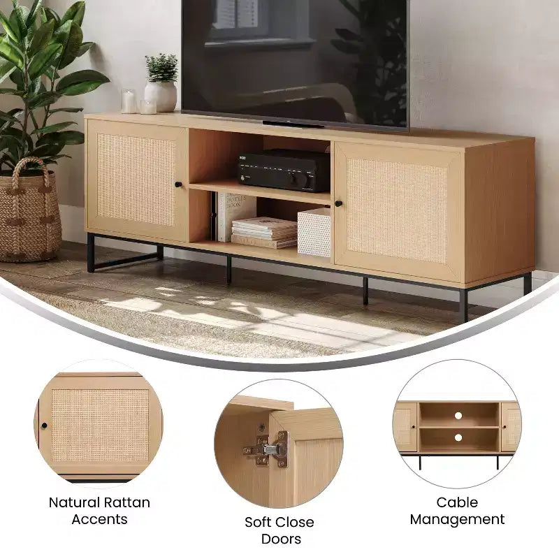 Mid-Century Modern 65 Inch TV Stand with 2 Rattan Soft Close Doors and Fixed Center Shelf, TV Stand for up to 70 TV's