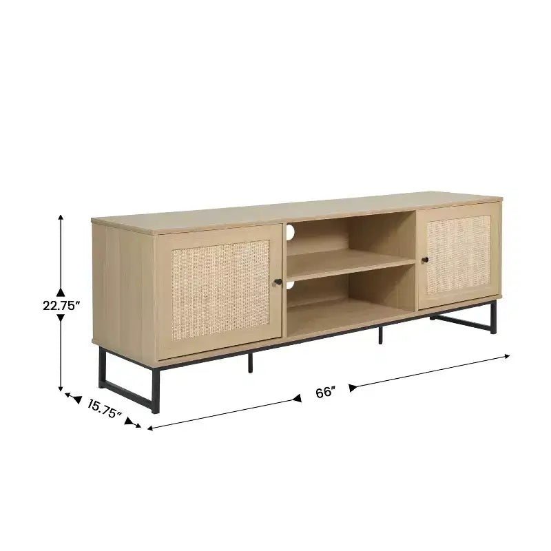 Mid-Century Modern 65 Inch TV Stand with 2 Rattan Soft Close Doors and Fixed Center Shelf, TV Stand for up to 70 TV's