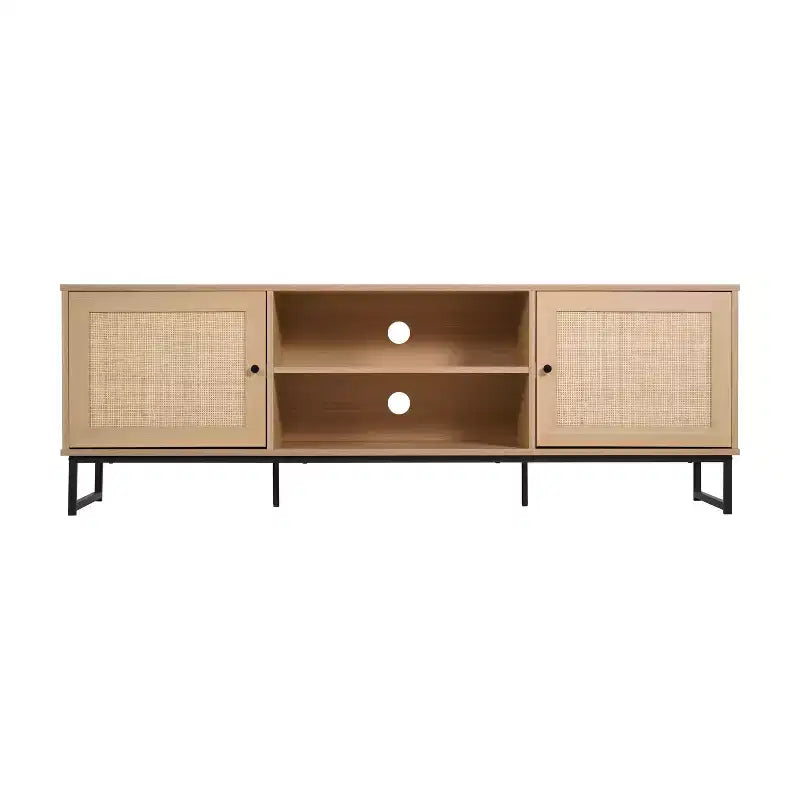 Mid-Century Modern 65 Inch TV Stand with 2 Rattan Soft Close Doors and Fixed Center Shelf, TV Stand for up to 70 TV's