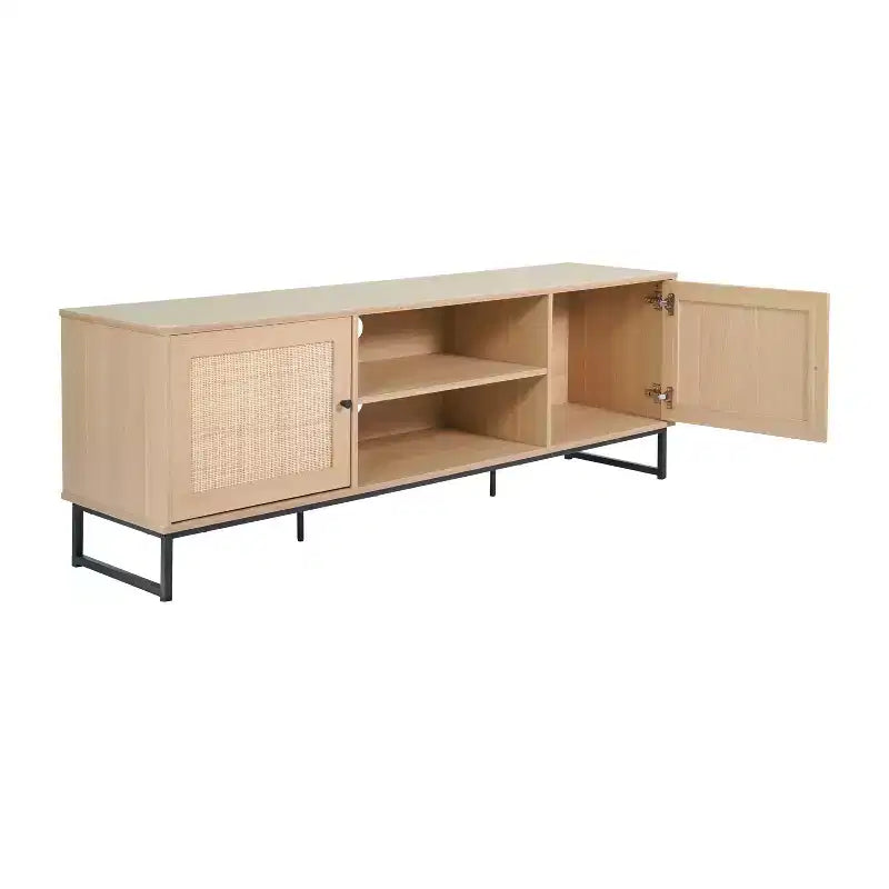 Mid-Century Modern 65 Inch TV Stand with 2 Rattan Soft Close Doors and Fixed Center Shelf, TV Stand for up to 70 TV's