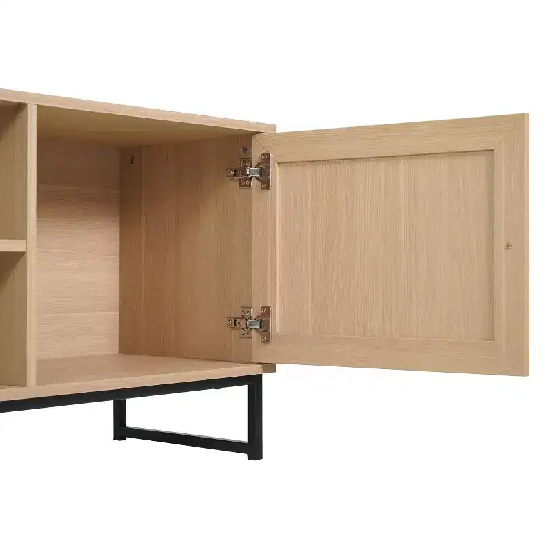 Mid-Century Modern 65 Inch TV Stand with 2 Rattan Soft Close Doors and Fixed Center Shelf, TV Stand for up to 70 TV's