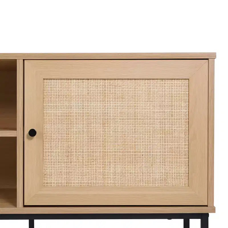 Mid-Century Modern 65 Inch TV Stand with 2 Rattan Soft Close Doors and Fixed Center Shelf, TV Stand for up to 70 TV's