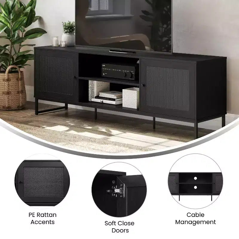 Mid-Century Modern 65 Inch TV Stand with 2 Rattan Soft Close Doors and Fixed Center Shelf, TV Stand for up to 70 TV's