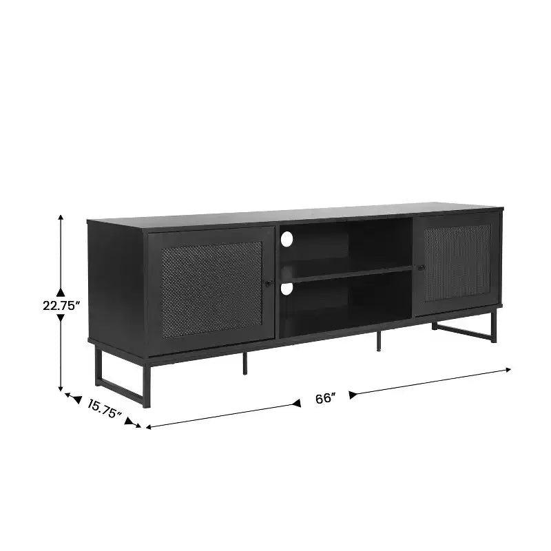 Mid-Century Modern 65 Inch TV Stand with 2 Rattan Soft Close Doors and Fixed Center Shelf, TV Stand for up to 70 TV's