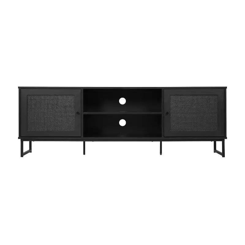Mid-Century Modern 65 Inch TV Stand with 2 Rattan Soft Close Doors and Fixed Center Shelf, TV Stand for up to 70 TV's