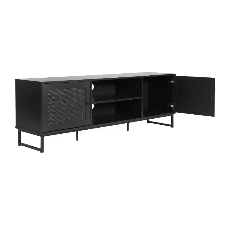 Mid-Century Modern 65 Inch TV Stand with 2 Rattan Soft Close Doors and Fixed Center Shelf, TV Stand for up to 70 TV's
