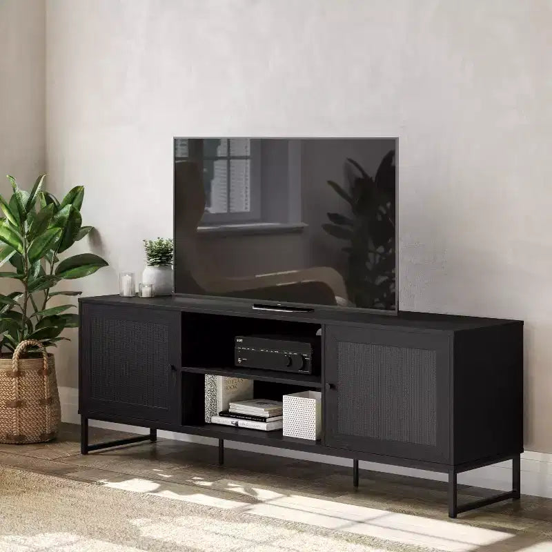 Flash Furniture Malaki Mid-Century Modern 65 Inch TV Stand with 2 Rattan Soft Close Doors and Fixed Center Shelf, TV Stand for up to 70 TV's