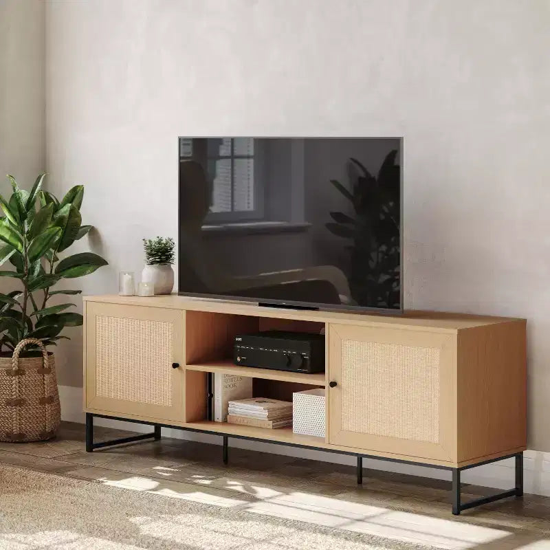 Mid-Century Modern 65 Inch TV Stand with 2 Rattan Soft Close Doors and Fixed Center Shelf, TV Stand for up to 70 TV's