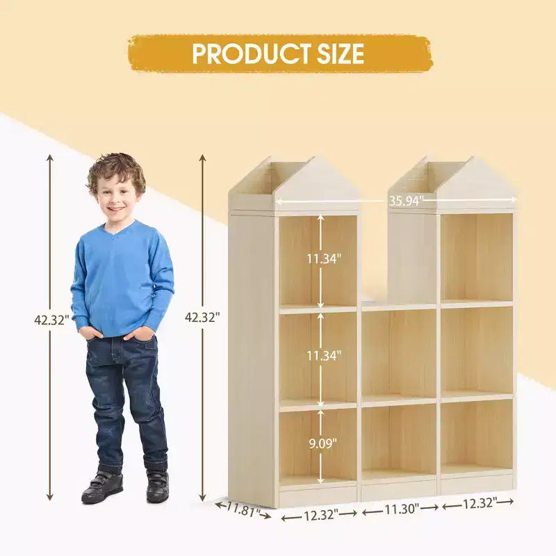 42.32 Wooden Kids Bookshelf & Toy Organizer - Natural Playhouse Storage Shelf for Playroom, Nursery & Kids Room