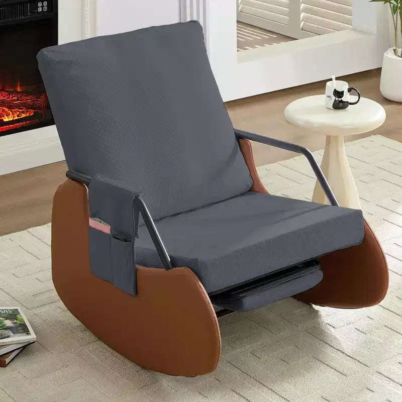 Upholstered Corduroy Rocking Chair with Wooden Legs Wrapped in Leather&Adjustable Footrest
