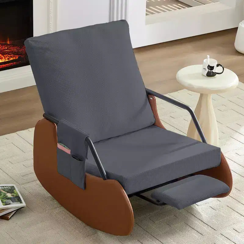 Upholstered Corduroy Rocking Chair with Wooden Legs Wrapped in Leather&Adjustable Footrest