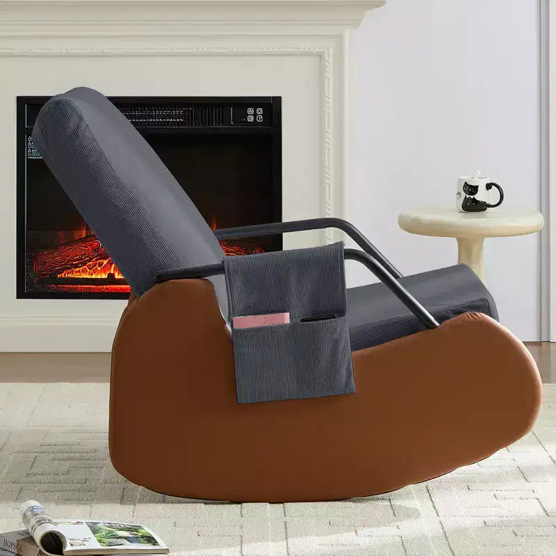 Upholstered Corduroy Rocking Chair with Wooden Legs Wrapped in Leather&Adjustable Footrest