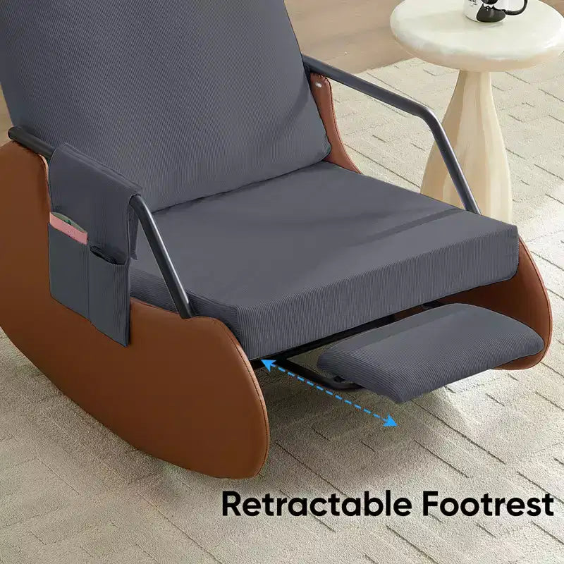 Upholstered Corduroy Rocking Chair with Wooden Legs Wrapped in Leather&Adjustable Footrest