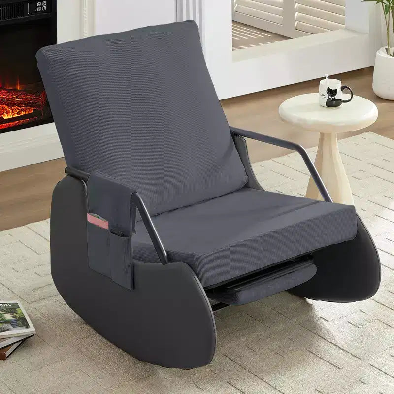Upholstered Corduroy Rocking Chair with Wooden Legs Wrapped in Leather&Adjustable Footrest