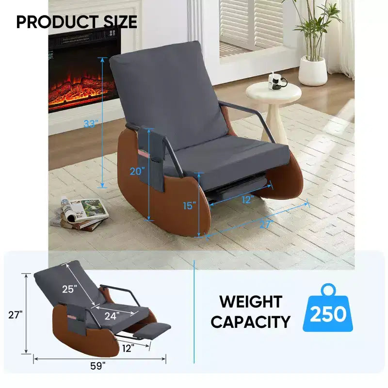 Upholstered Corduroy Rocking Chair with Wooden Legs Wrapped in Leather&Adjustable Footrest